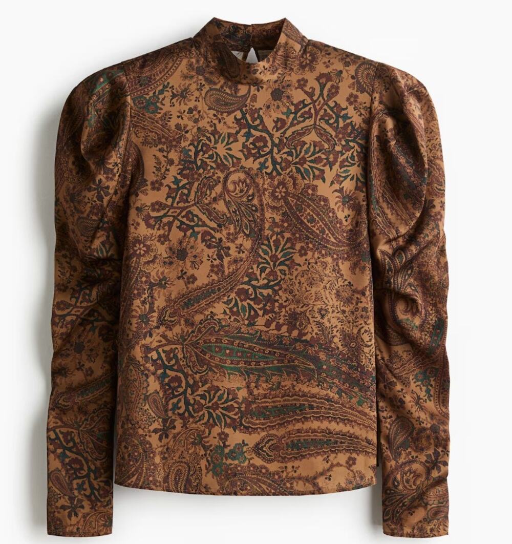 Brown Paisley Pattern Puff-Sleeved Blouse Mock Neck Boho, Fall OOTD